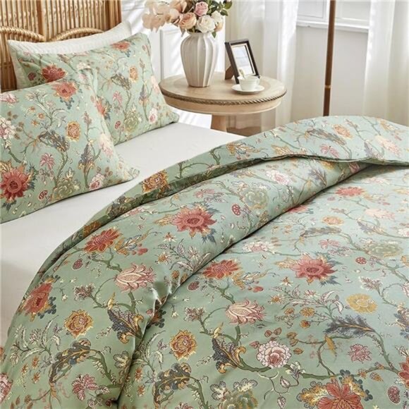 NEW Anthro Green Floral Queen / King Size Boho Comforter Bedding & Sham Case Set - Picture 2 of 9